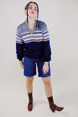 long sleeve v neck pullover velour sweater in navy and grey stripes vintage 1970's