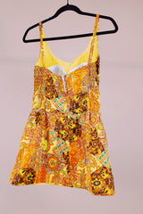 sleeveless paisley printed vintage swimsuit top in cotton and orange and yellow colors 1960's
