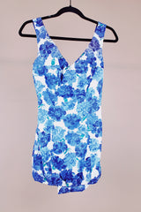 white and blue floral printed vintage 1950's swimsuit with skirt over bottoms one piece