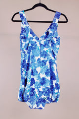 white and blue floral printed vintage 1950's swimsuit with skirt over bottoms one piece