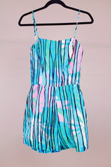 striped vintage swimsuit romper in cotton blue and pink color 1960's
