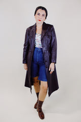 long knee length long sleeve brown leather jacket women's vintage 1970's