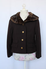 Women's vintage 1950's Doop's, George Carmel, New York label long sleeve chocolate brown cropped jacket with brown fur trim collar.