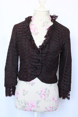 Women's vintage 1960's Charles F. Borg, Portland, Oregon label long sleeve black lace button up lace blouse with ruffle lace trim.