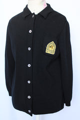 Women's vintage 1960's Dorce label long sleeve black wool button up cardigan with yellow patch with words La Costa on left chest.