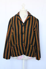 Women's vintage 1960's Sport Whirl label button up wool material blazer in black with yellow and red vertical stripes.