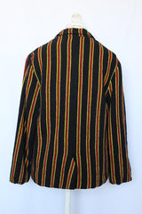 Women's vintage 1960's Sport Whirl label button up wool material blazer in black with yellow and red vertical stripes.
