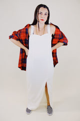 sleeveless ankle length white dress with sweetheart bust and front slit vintage 1980's