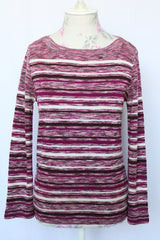 Women's vintage 1970's lightweight acrylic pullover sweater in purple, white, and brown striped heathered print.