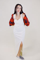 sleeveless ankle length white dress with sweetheart bust and front slit vintage 1980's