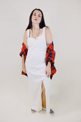 sleeveless ankle length white dress with sweetheart bust and front slit vintage 1980's