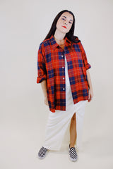 long sleeve red and navy plaid button up shirt with collar vintage 1950's