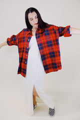 long sleeve red and navy plaid button up shirt with collar vintage 1950's