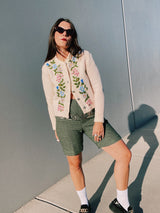 long sleeve cream colored wool cardigan with embroidered flowers and silver buttons vintage 1960's
