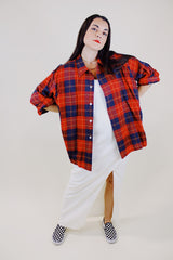 long sleeve red and navy plaid button up shirt with collar vintage 1950's