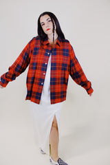 long sleeve red and navy plaid button up shirt with collar vintage 1950's