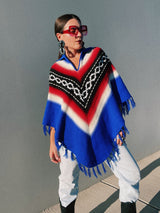 blue with stripes acrylic poncho fringe trim with collar vintage 1970's