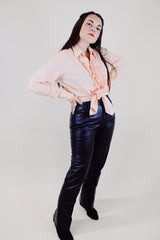 long sleeve peach orange button up ruffle front shirt vintage 1970's