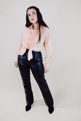 long sleeve peach orange button up ruffle front shirt vintage 1970's