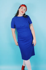 Women's vintage 1960's Elaine Terry California label short sleeve cobalt blue wool midi length dress.