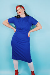 Women's vintage 1960's Elaine Terry California label short sleeve cobalt blue wool midi length dress.