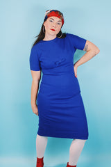 Women's vintage 1960's Elaine Terry California label short sleeve cobalt blue wool midi length dress.