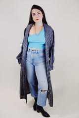 long sleeve printed silk evening robe in grey with pockets vintage 1960's