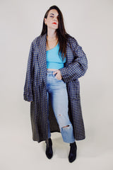 long sleeve printed silk evening robe in grey with pockets vintage 1960's