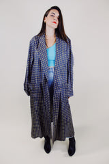 long sleeve printed silk evening robe in grey with pockets vintage 1960's