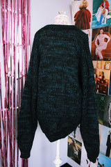 long sleeve navy and black acrylic knit pullover sweater with abstract graphic on front vintage 1980's