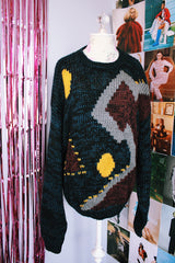 long sleeve navy and black acrylic knit pullover sweater with abstract graphic on front vintage 1980's