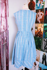 sleeveless cotton blue and white plaid dress knee length vintage 1960's