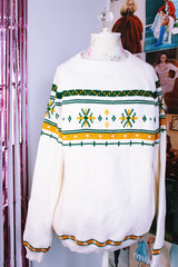 long sleeve white pullover sweater with yellow and green pattern vintage 1970's