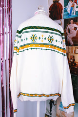 long sleeve white pullover sweater with yellow and green pattern vintage 1970's