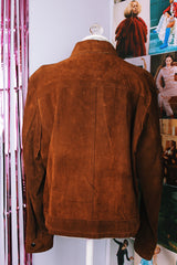 long sleeve chocolate brown suede jacket with popper buttons and a pointy collar vintage 1970's