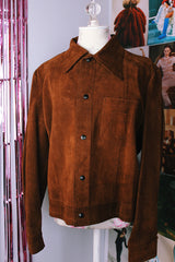 long sleeve chocolate brown suede jacket with popper buttons and a pointy collar vintage 1970's