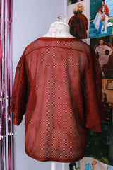 short sleeve maroon mesh football jersey with yellow graphic and text vintage