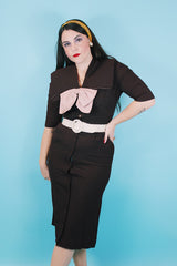 Women's vintage 1940's Forever Young by Puritan label short sleeve brown midi length dress button up shirt dress with big square collar and big satin bow.