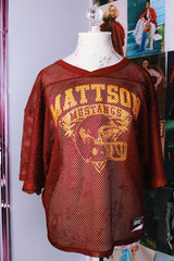 short sleeve maroon mesh football jersey with yellow graphic and text vintage