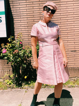 short sleeve knee length pale pink party dress in textured silk peter pan collar vintage 1960's