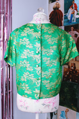 short sleeve green blouse with gold metallic embroidery all over vintage 1960's