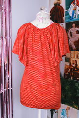 red with white polka dots flutter sleeve button up polyester blouse vintage 1970's