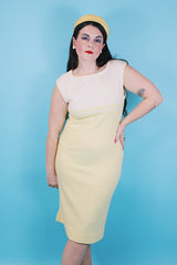 Women's vintage 1970's Jantzen, Made in USA label sleeveless midi length soft acrylic dress in baby yellow with white and yellow stripes across chest.