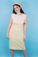Women's vintage 1970's Jantzen, Made in USA label sleeveless midi length soft acrylic dress in baby yellow with white and yellow stripes across chest.