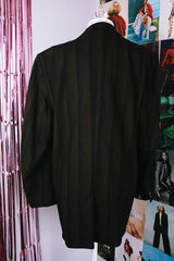 long sleeve black and dark brown vertical striped button up wool blazer vintage 1960's