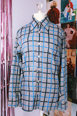 long sleeve grey button up shirt with black and blue plaid striped print vintage 1960's