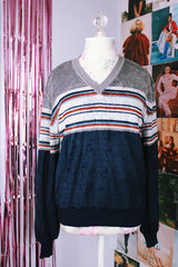 long sleeve v neck pullover velour sweater in navy and grey stripes vintage 1970's