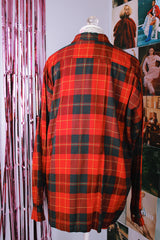 long sleeve red and navy plaid button up shirt with collar vintage 1950's
