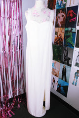 sleeveless ankle length white dress with sweetheart bust and front slit vintage 1980's