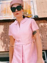 short sleeve knee length pale pink party dress in textured silk peter pan collar vintage 1960's